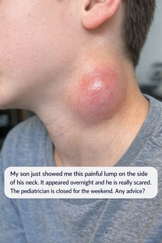My son just showed me this painful lump on the side of his neck. It appeared overnight and he is really scared. The pediatrician is closed for the weekend. Any advice?